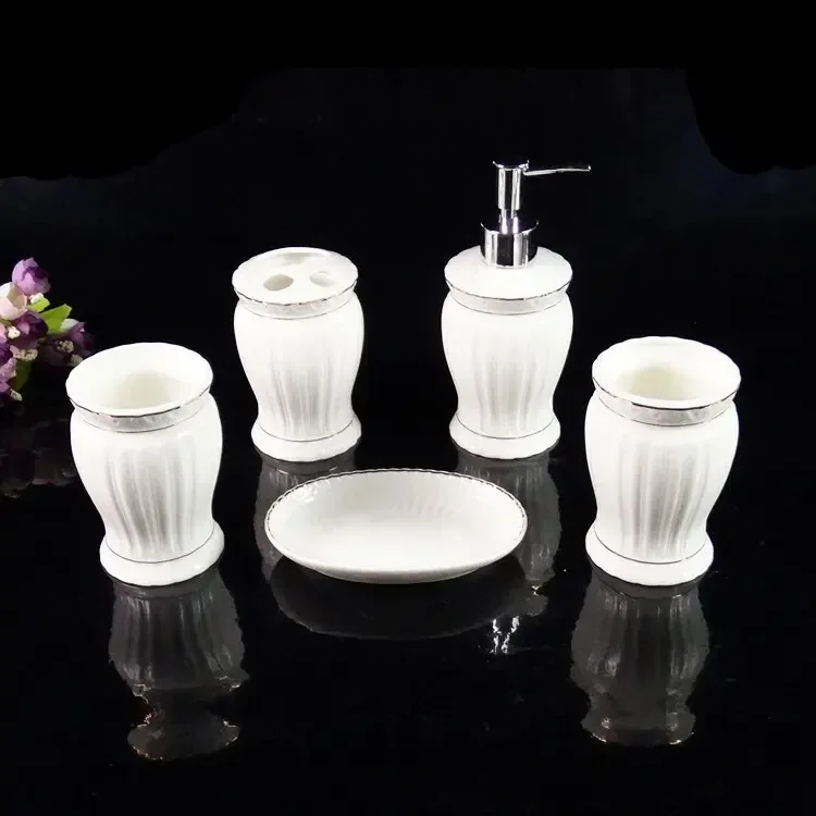 Fashion white ceramic bathroom accessories 5 pcs / set hotel soap dispenser Toothbrush holder Washing HQ483