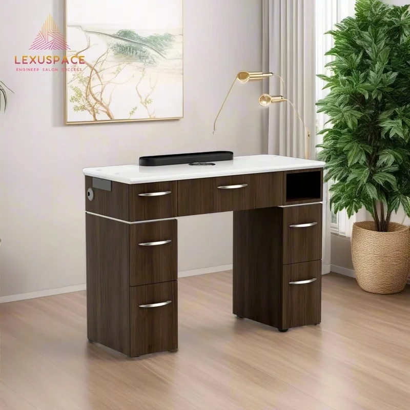 Modern Design Marble Manicure Table for Luxury Nail Salons Elegant Wood Finish with Dust Collector Feature