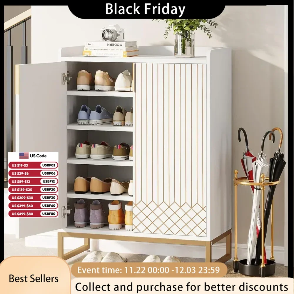 Shoe Cabinets with Doors, 5-Tier Modern Shoe Rack Organizer Cabinet, Freestanding Wood Storage Cabinet with Gold Metal Frame