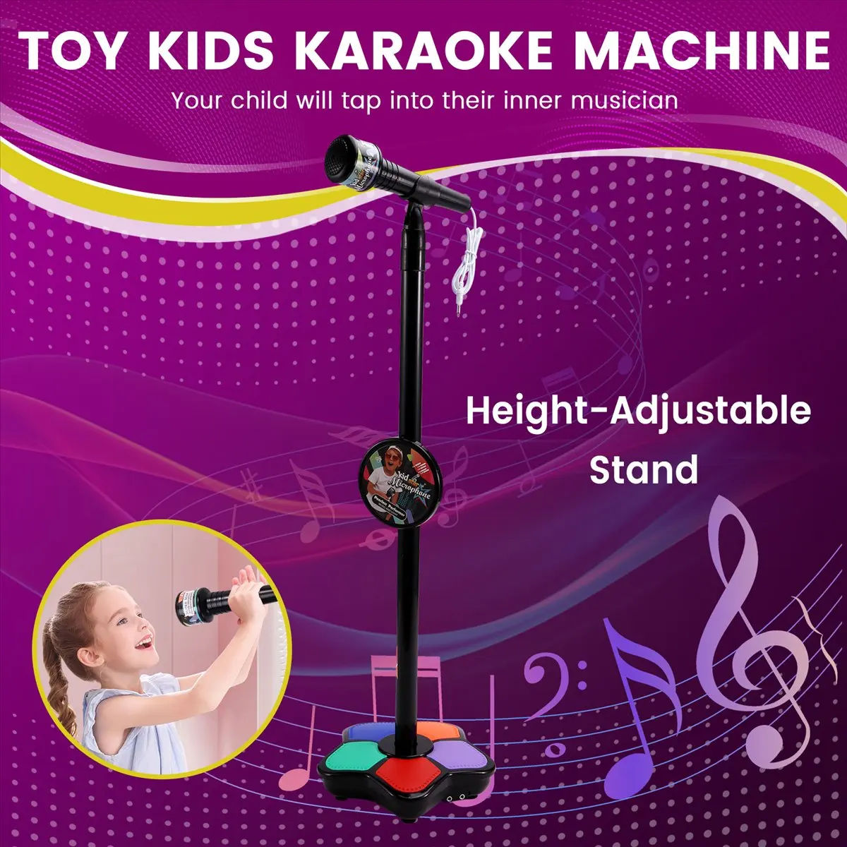 AA25 Kids Microphone with Light Stand Toy,Height-Adjustable Microphone,Brain-Training Educational Toys Birthday Gift Black