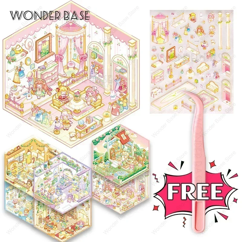 DIY Cute Cartoon Girl Mini World Landscape Sticker Pocket 3D Cabin Scene Stacking Pasting Christmas Birthday Gift for Kid Child