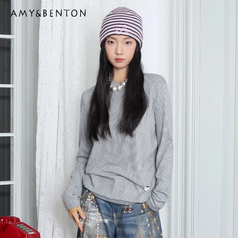 

2025 Autumn Winter New Round Neck Hemp Gray Women's Bottoming Shirt Vintage Design Casual Versatile Long Sleeve T-Shirt Ladies