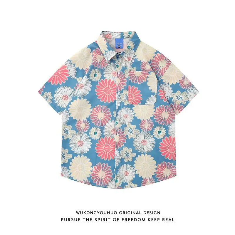 Vintage Chic Flower Shirts Summer Streetwear Short Sleeve Oversized Blouse Men Women Lapel Collar Button Up Shirt Beach Fashion