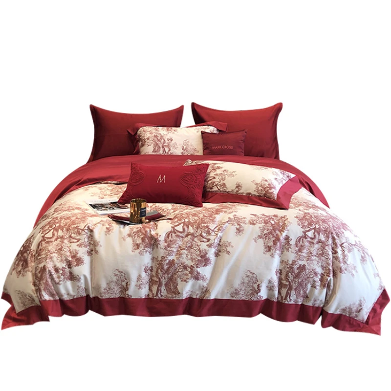 Bed four-piece red wedding 100 long-staple cotton cotton digital printing quilt cover