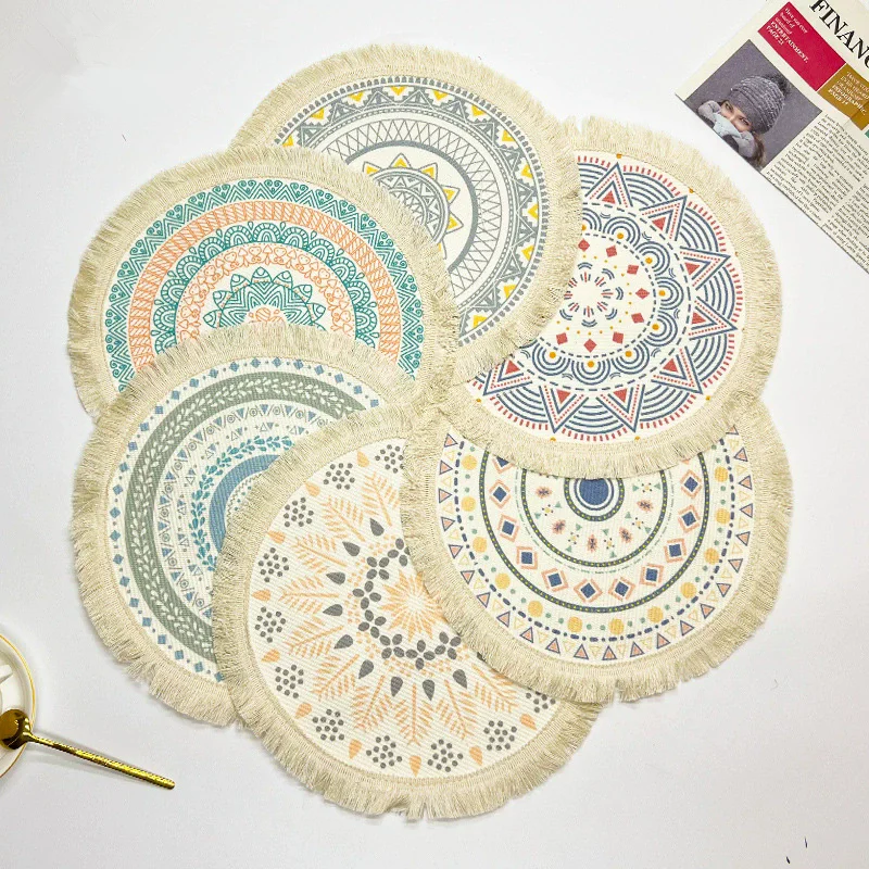 1pcs Bohemian cotton round placemat, heat-resistant and burn resistant tassel table mat Home multifunctional kitchen coaster