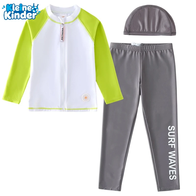 UPF 50+ 3 Piece Rash Guard Swimsuit Zip Long Sleeve Swim Top Long Swim Leggings Swim Cap Boy Girl Child Beach Pool Surfing Suit