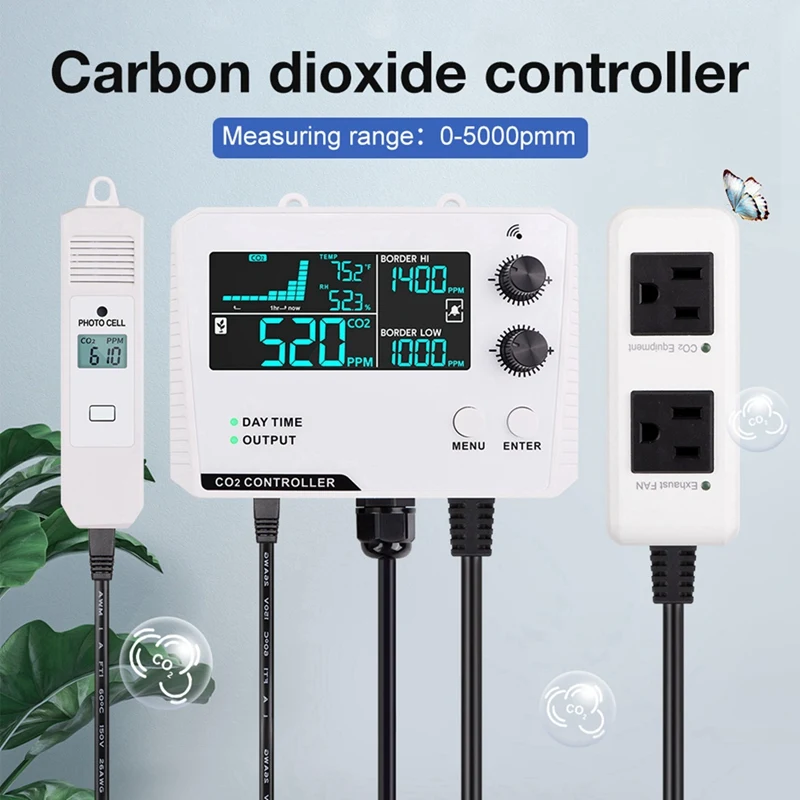 N11R- Carbon Dioxide Controller Dual Channel Split Probe CO2 Monitor CO2 Pressure Reducer Valve For Greenhouse US Plug