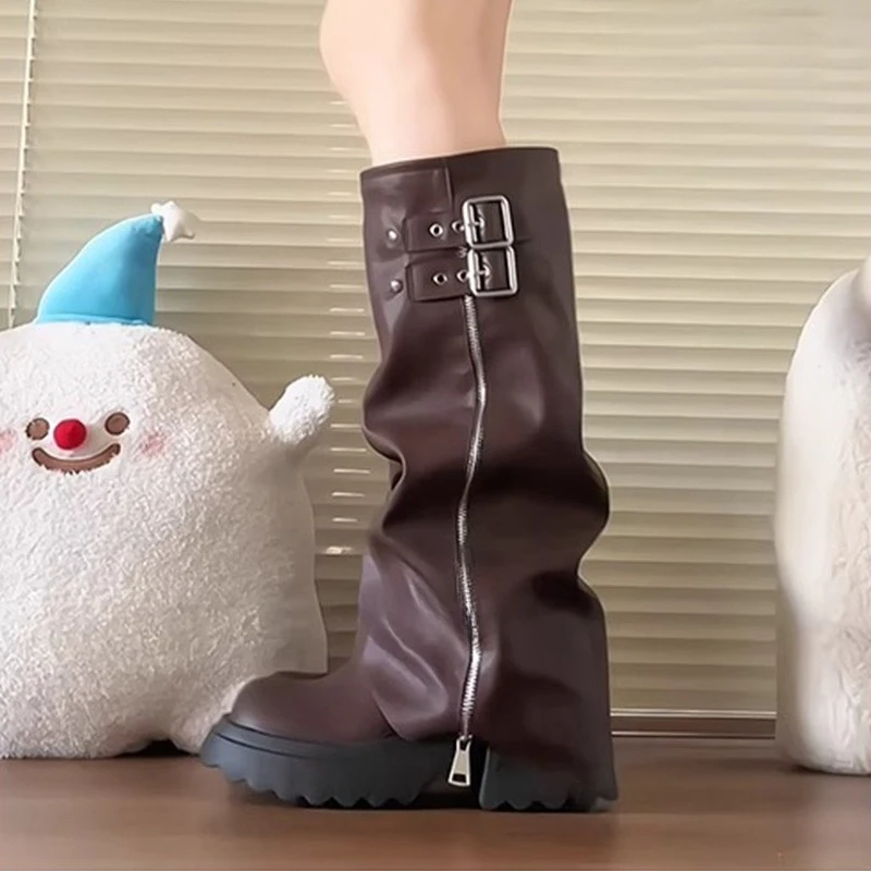 Punk Style Splicing Thick Bottom Women Knee-High Boots Fashion Zipper Female Pleated Knight Long Booties Shoes - view 6