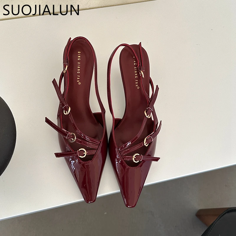 SUOJIALUN 2024 Spring New Brand Women Sandal Fashion Narrow Band Shallow Slip On Slingback Shoes Thin High Heel Dress Sandal Sho