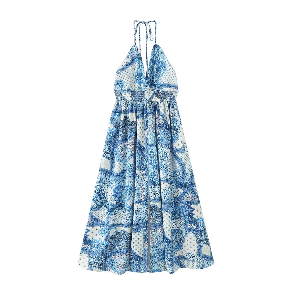 

LIBIELIY 2025 Summer New European And American Style Fashion Niche Backless Design Bow Tie Paisley Printed Midi Dress