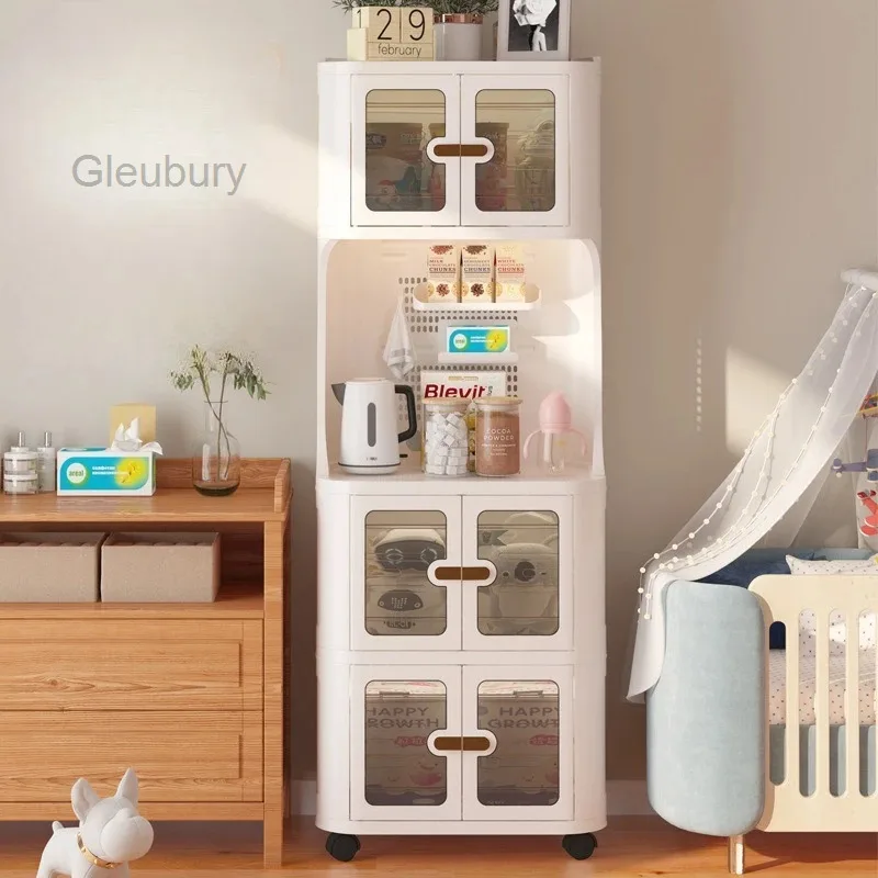 Plastic Baby Feeding Table Cabinet with Doors Drawer and Open Shelf Pantry Storage Organizer on Wheels Sideboard for Living Room