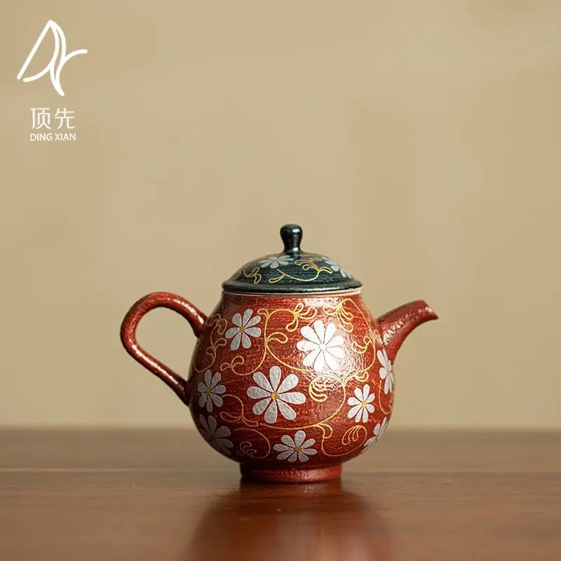 

Jinman Daisy Coral Red Pear Ceramic Kung Fu Home Use Brewing Pot Vintage Palace Lantern Teapot Light Luxury Tea Maker