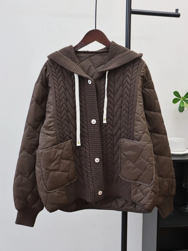 New Autumn and Winter Thick Hooded Patchwork Cotton Jacket Knitted Cardigan Design Loose and Casual Sweater Jacket for Women