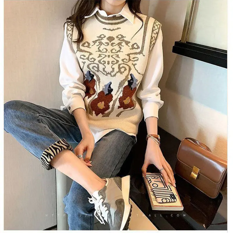 Vintage Print Spring Autumn 2022 Women Korean Style Knitted Sweater Vest Casual O Neck Sleeveless All-match Female Outerwear 3XL