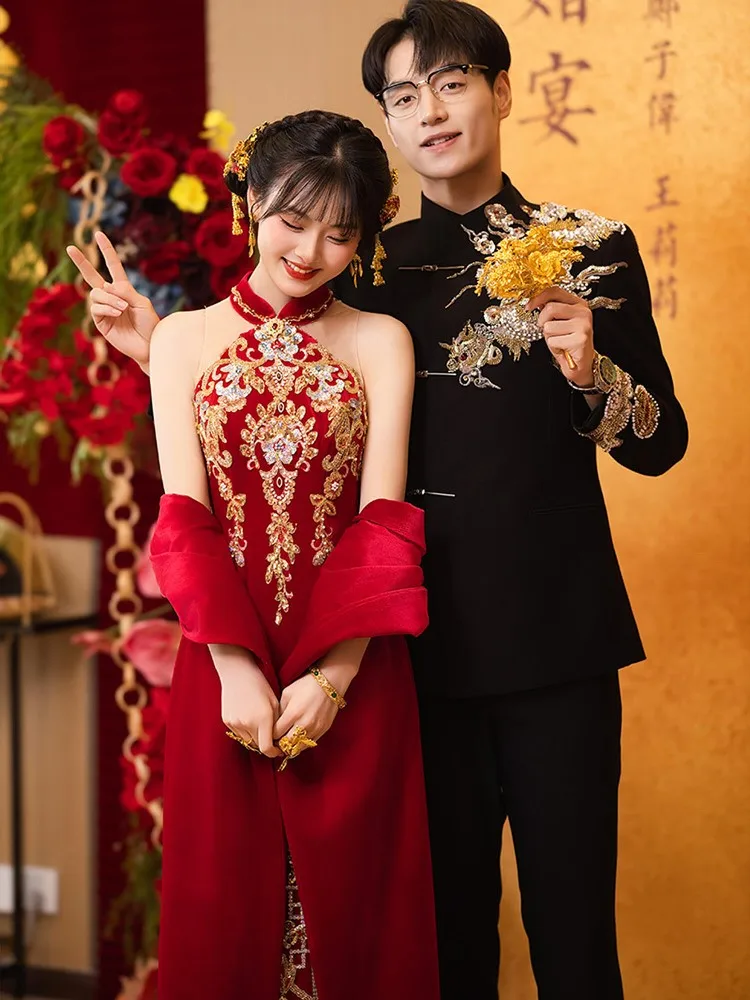

Свадебное платье Cheongsam для тяжелой промышленности, тост на помолвку, новые стили, красные шали для невест и
