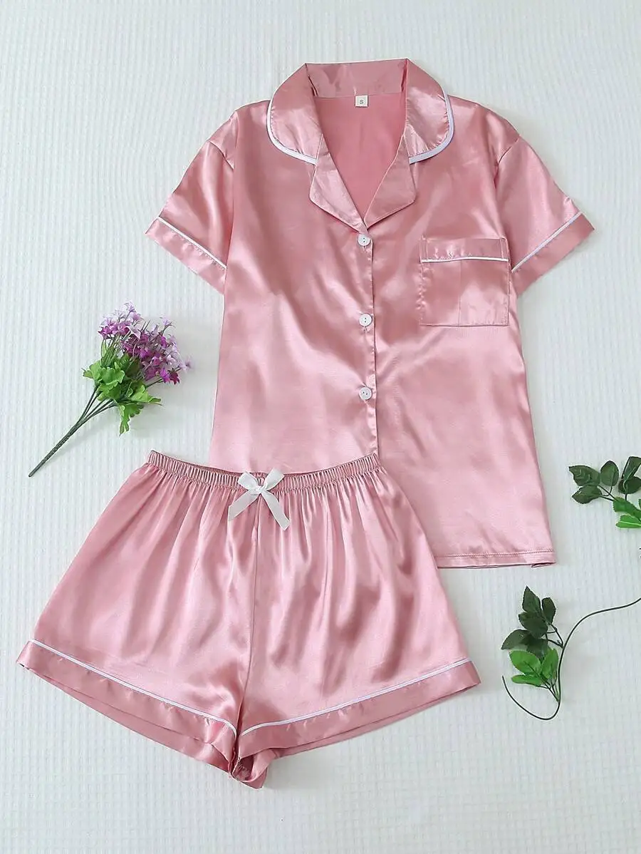 

Pink Satin Pajama Set for Women - Short Sleeve Button-Up Top with Collar and Bow-Trimmed Shorts