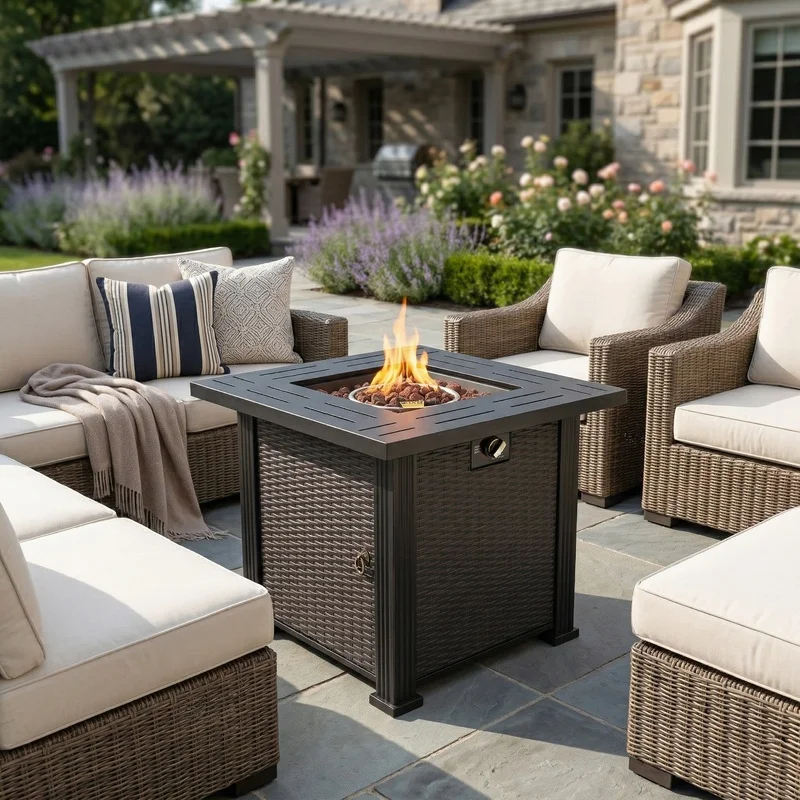 

28" Black Propane Fire Pit Table, 50K BTU Square Outdoor Patio Deck Garden Fireplace