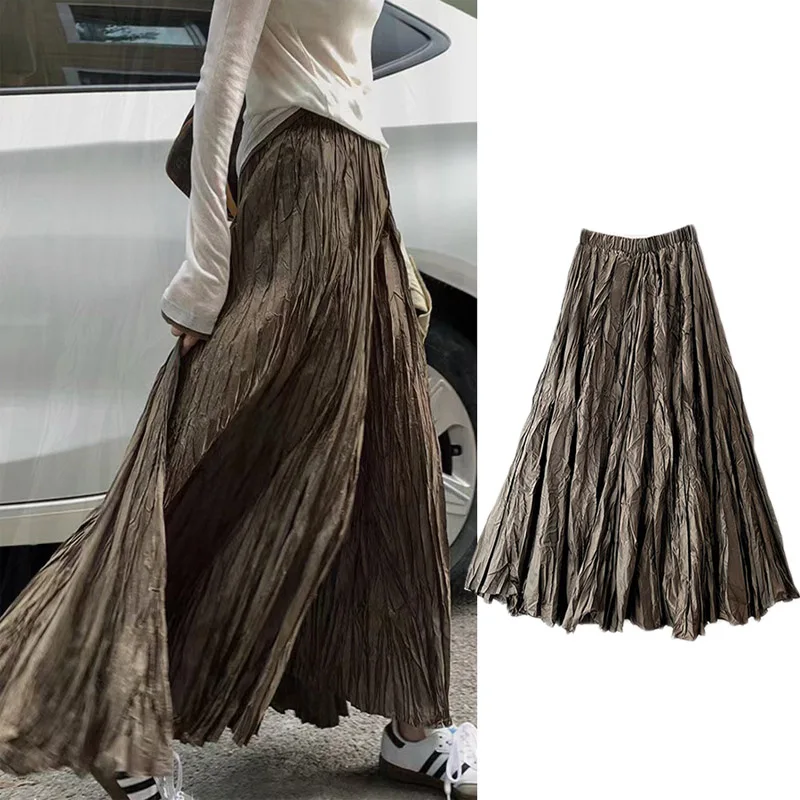 OHRYIYIE Autumn Winter Maxi Long Pleated Skirt for Women Casual Big Hem A-line Skirt Women Korean Style Vintage Skirt Female