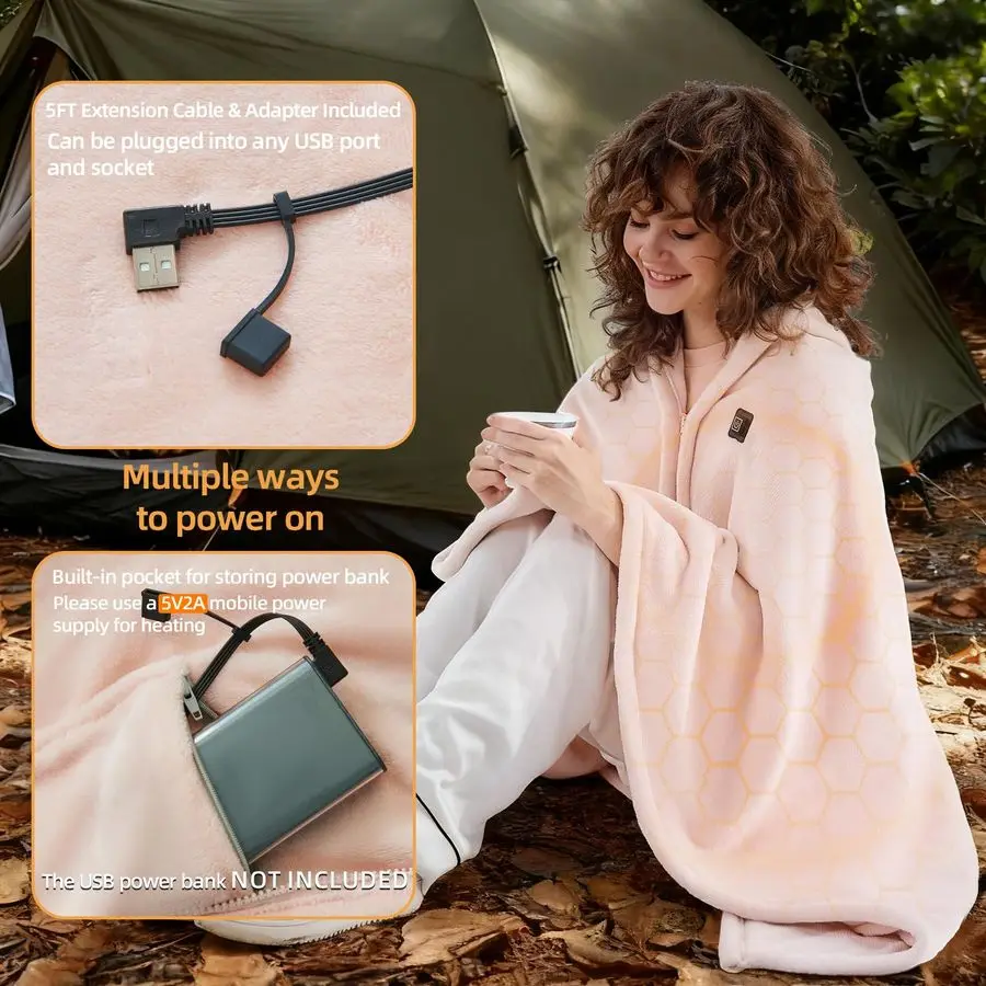 بطانية كهربائية ساخنة محمولة بمنفذ USB، بطانية رمي ساخنة لاسلكية للسفر، والتخييم، وسرير للنساء، 3 مستويات تسخين، حامل وردي