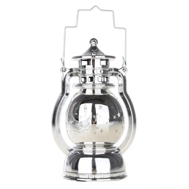 QX2E Vintage Lantern Waterproof Wind Lamp Eid Mubarak Hanging Lantern Decorative Tabletop Lanterns LED Light for Home