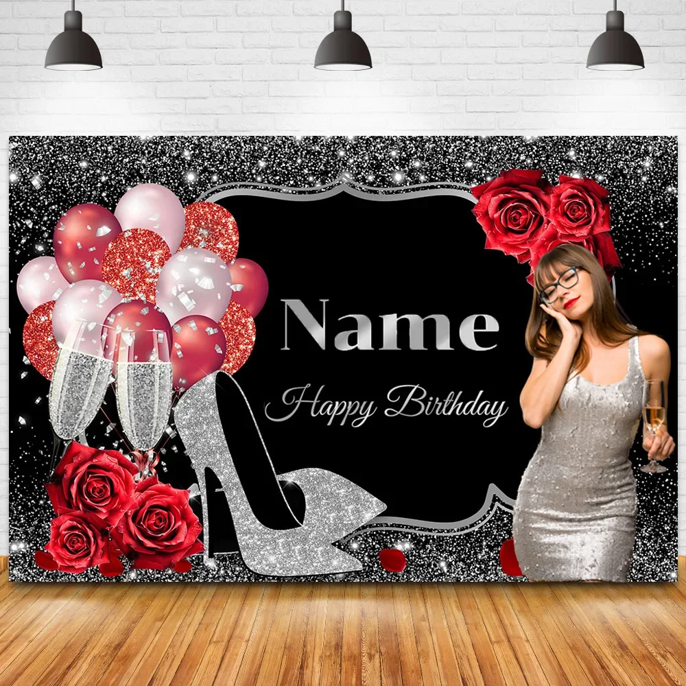 Custom Name and Photo Gold Happy Birthday Backdrop Red Rose Floral Golden Balloons Heels Champagne Background for Party Banner