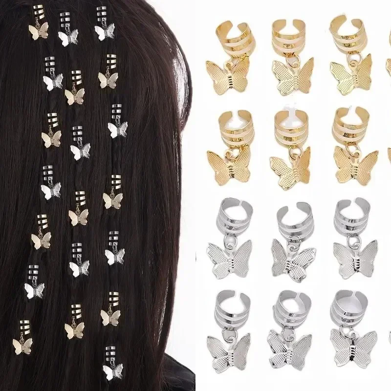 Small Butterfly Hair Braid Dreadlock Clip Rings Gold Sliver Braiding Hair Sparkly Bohemian Braider Hair Styling Tool Accessories