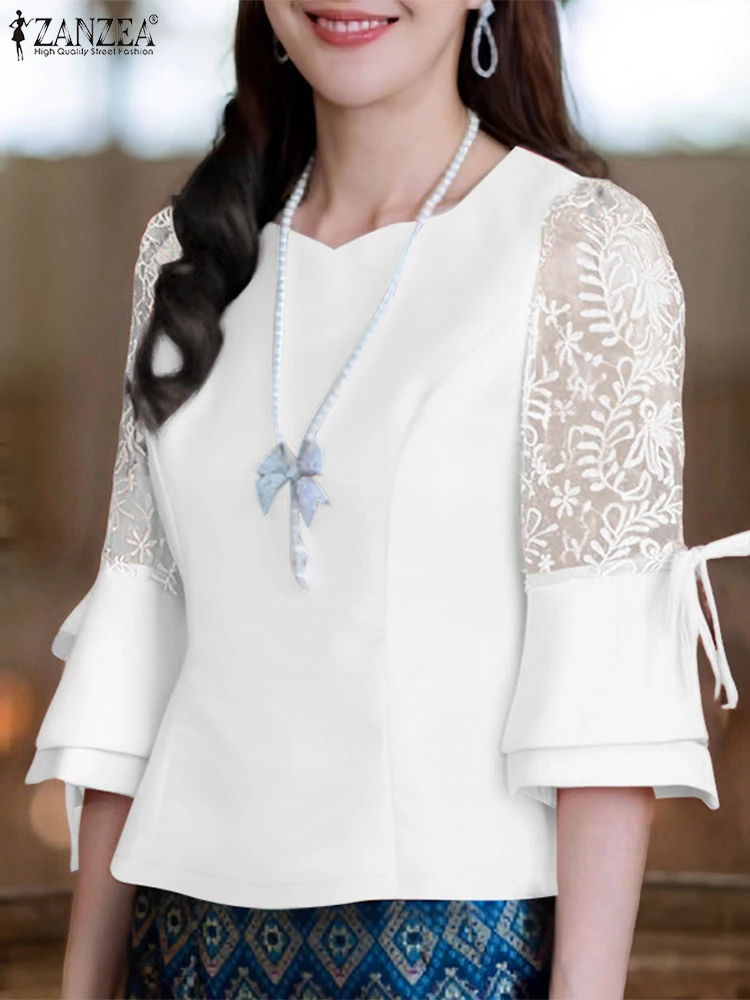 ZANZEA Elegant 3/4 Sleeve Offce Satin Shirt Women Blouses 2025 Summer Lace Patchwork Tops Fashion Solid Slim Fit Party Blusas