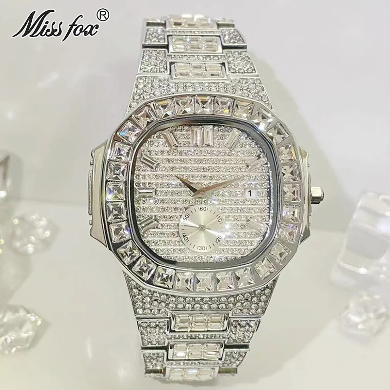 MISSFOX Luxury Quartz Watch For Mens Automatic Date Fashion Waterprof Clock Hip Hop Iced Diamond Jewelry Wristwatch Reloj Hombre