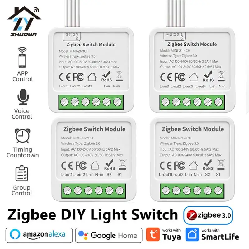 

ZY Tuya Zigbee Smart Switch Module 1/2/3/4 Gang 2-Way Control DIY Breaker Smart Home via Smart Life Work with Alexa Google Home