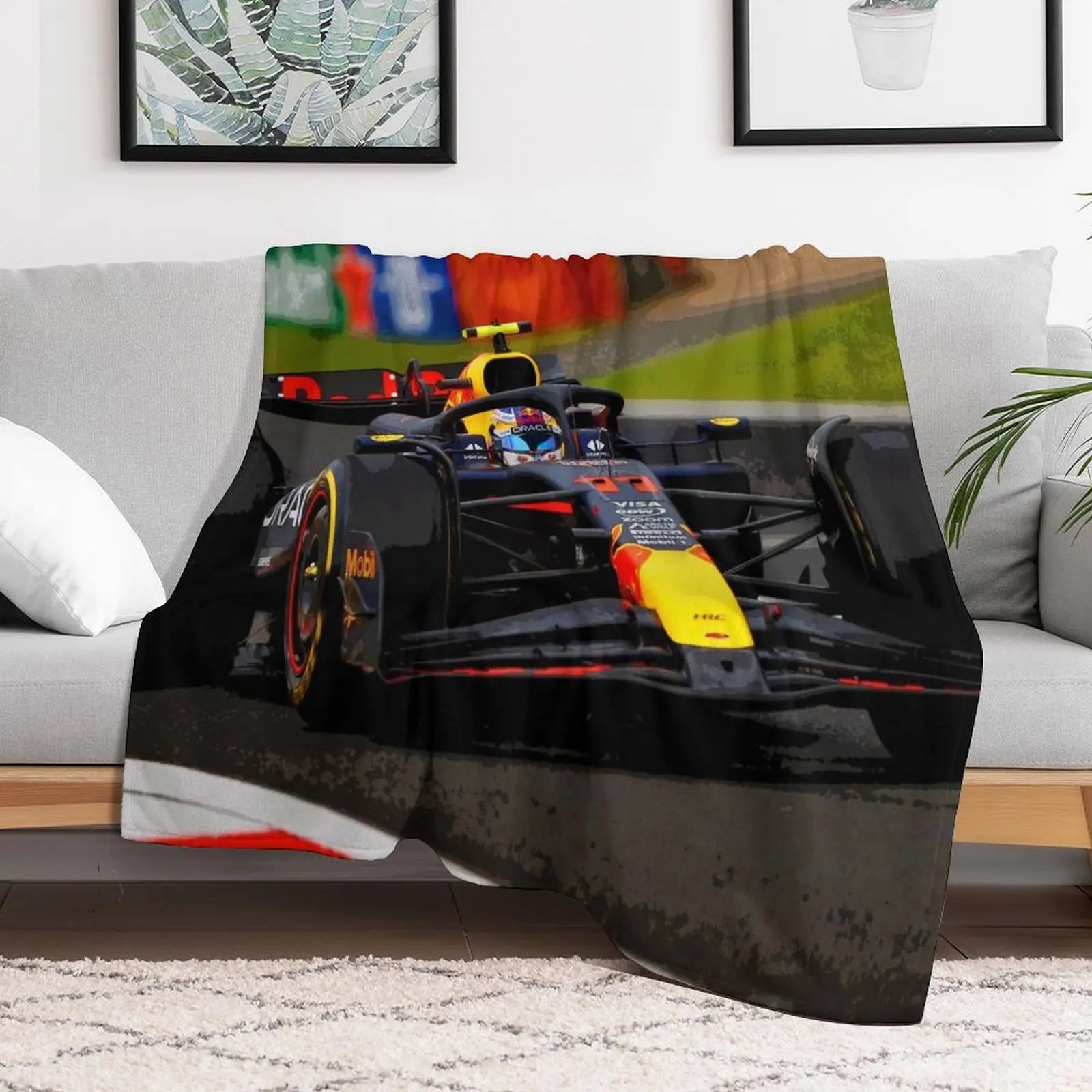 

Sergio Checo Perez racing his 2024 F1 racecar abstract Throw Blanket Plaid on the sofa Beach Blankets