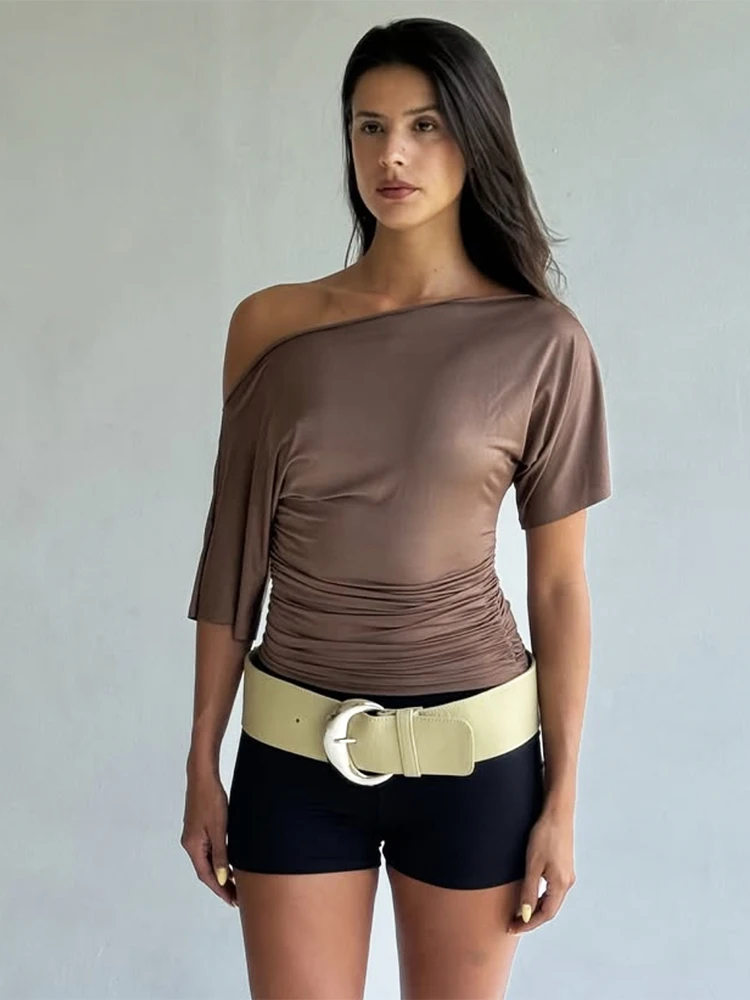 

Whatiwear, повседневные простые футболки, женские однотонные воротники с воротником до половины рукавов, рюши, узкие, высокая эластичность, уличная мода, элегантные топы