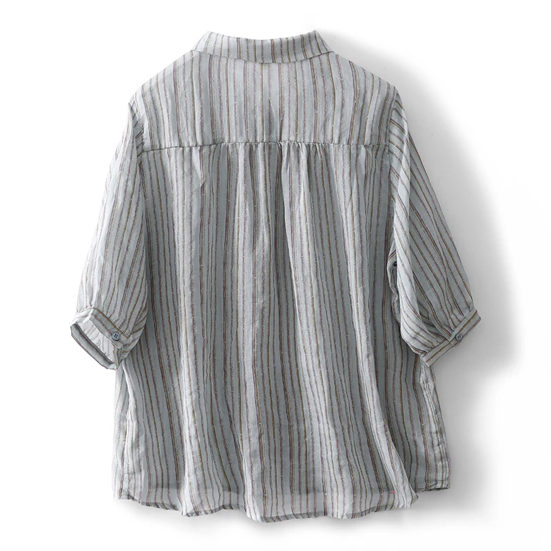 Verão leve respirável listra linho ort sve feminino casual solto emagrecimento solto topo faionable sete pés irt