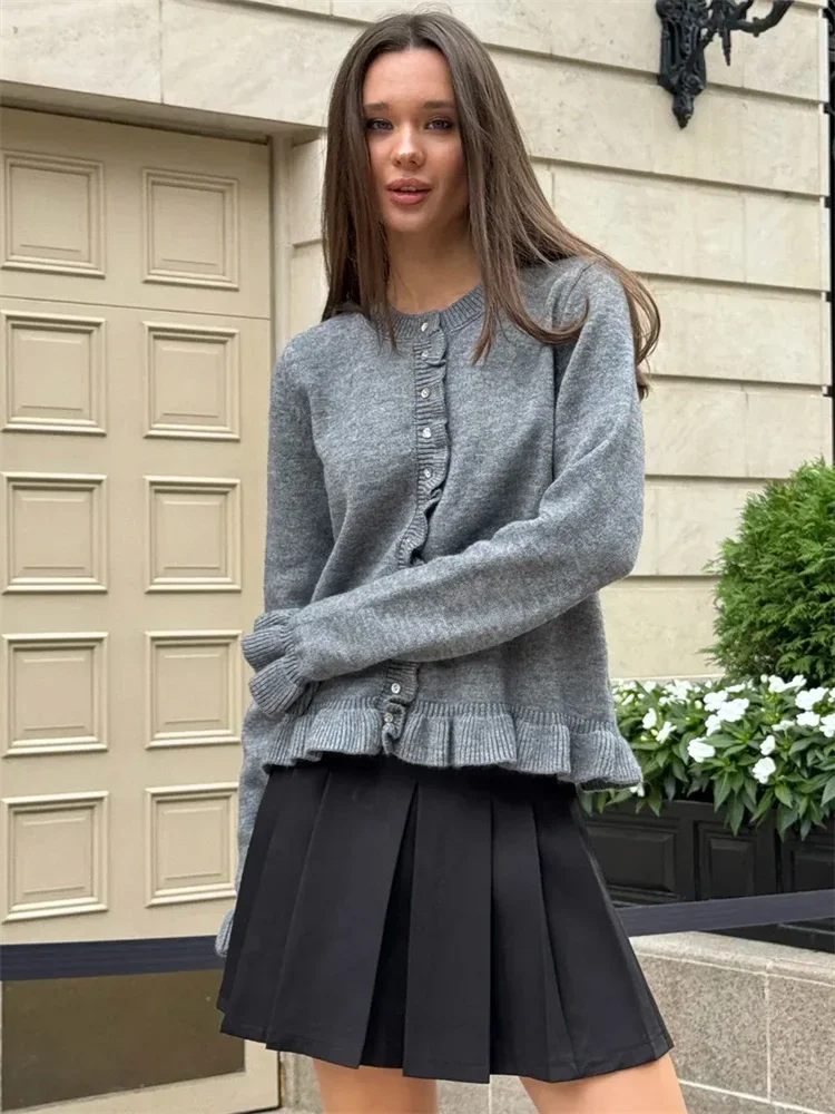 

2025 Ruffled Knit Cardigan Coat For Women Ribbed Long Sleeve Fashion Patchwork Elegant Sweater Outwear Female Knitwear Cardigan