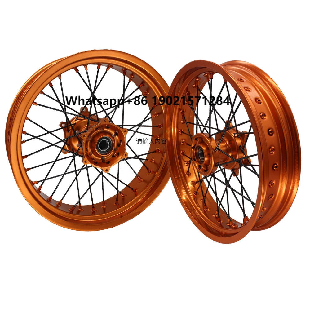 

Custom Color Orange Rim and Hub 17 Inch Aluminum Alloy Super Motard Suprmoto Motorcycle Wheel Set for EXC 500 525