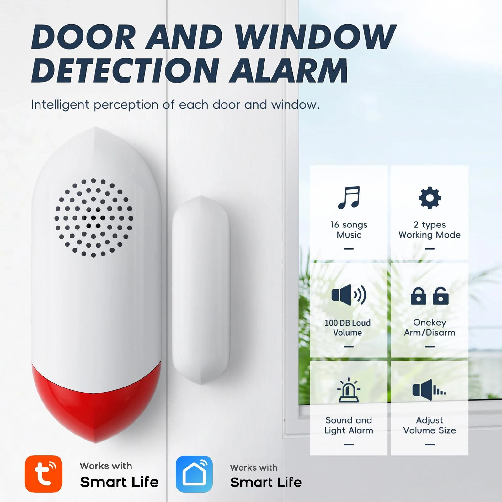 

Tuya Smart WiFi Door Window Sensor 100dB Siren LED Flashing Light Smart Life App Control Wireless Home Safety Security Alarm