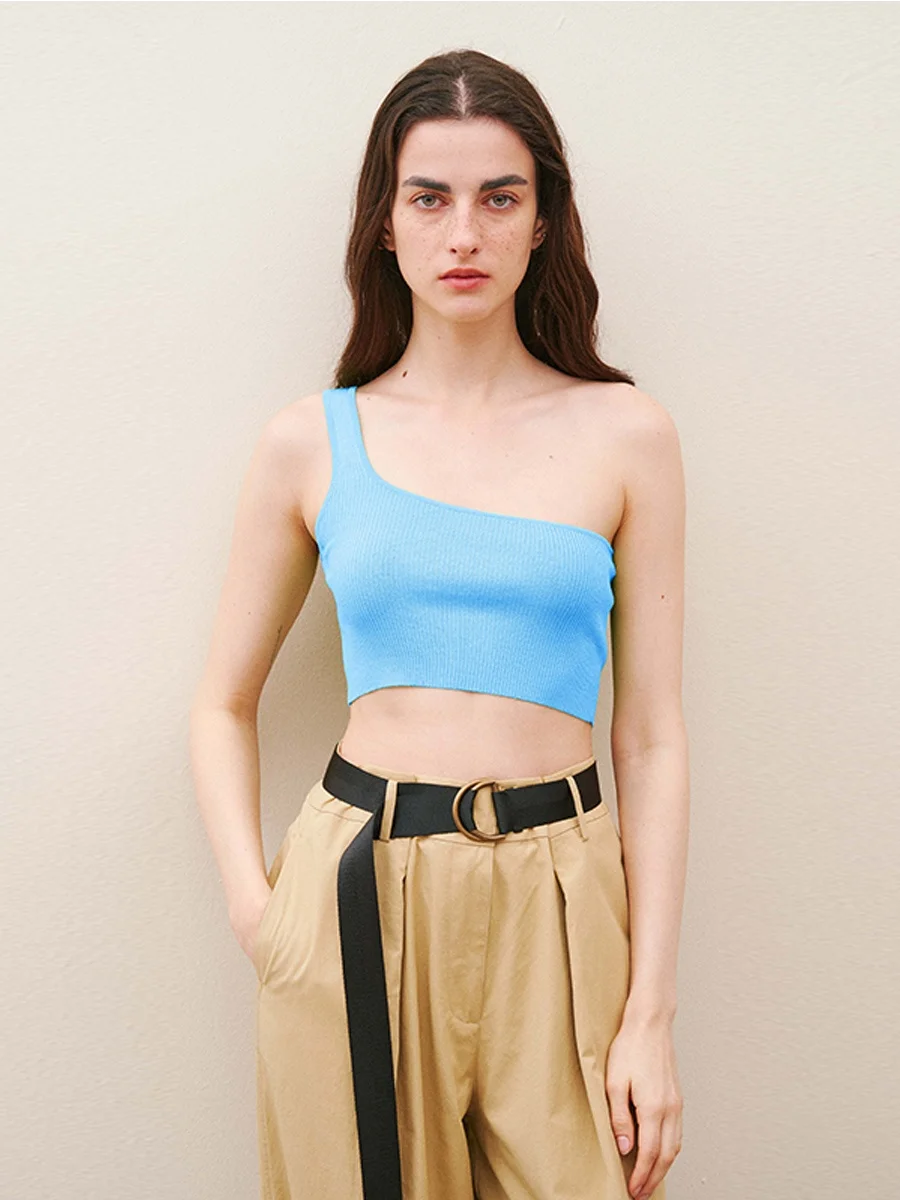 

CUISUYUN Новая летняя женская асимметричная вязаная майка-топ из нано-шелка синего цвета, облегающая, без рукавов