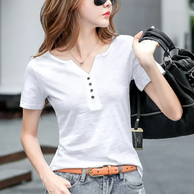 

Clothes Loose Tops Female Summer Korean Style Button Tee Shirt Femme V Neck T Shirt Women Short Sleeve Cotton Tshirts Casual