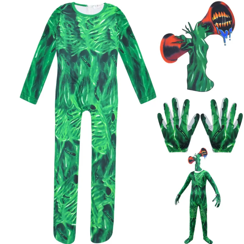 Green Siren Head Cosplay Costume with Mask Boys Anime Party Bodysuit Girls Halloween Carnival Clothing Fancy Dress Up Jumpsuit