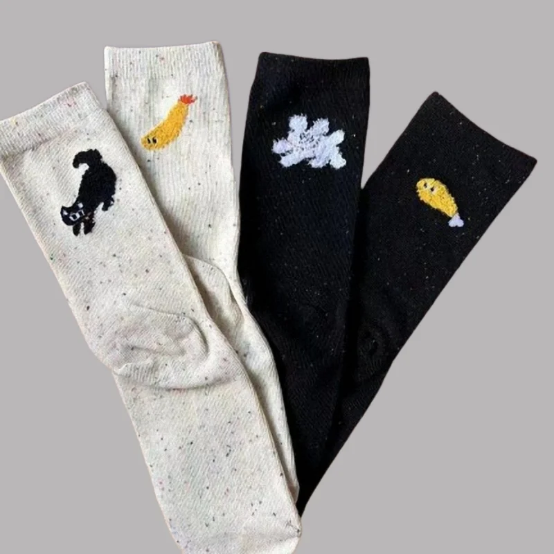 

3/6 Pairs New Comfortable Cute Cartoon Kitten Cute Illustration High Heel Flocking Colorful Dot Mid-tube Socks Breathable Socks