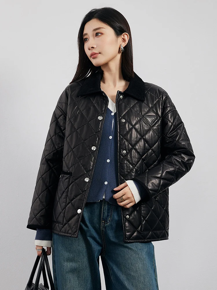

Black Genuine Leather Jackets for Women Autumn Winter 2026 New High-end Simple Corduroy Lapel Design Real Sheepskin Quilted Coat
