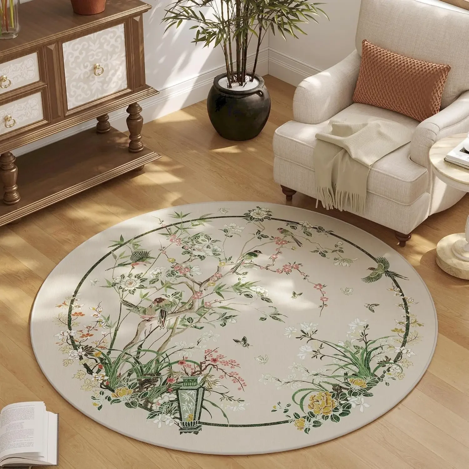 Runde rosa Blumen-Teppichmatte – chinesisches Vogel-Blumenmuster, Heimdekoration, Teppich, Wohnzimmer, Schlafzimmer, rutschfeste Bodenmatte