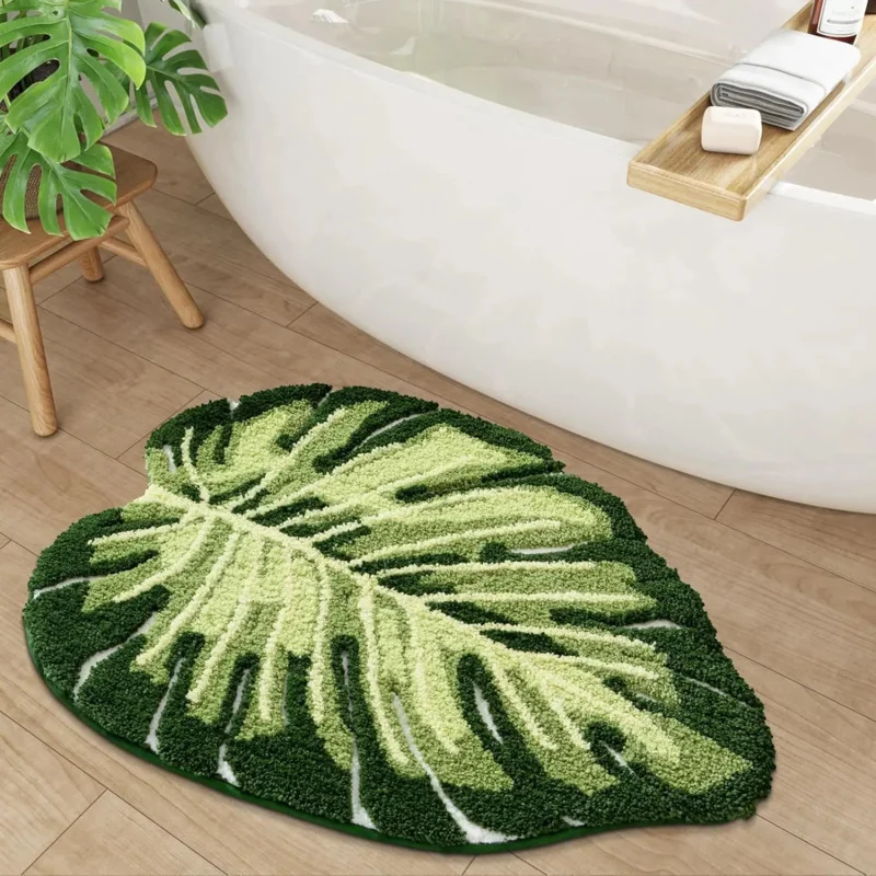 VIKAMA Tropical Green Leaf Bathroom Floor Mat Soft Plush Anti slip Mat Bathroom Shower Bathtub Front Home Decoration