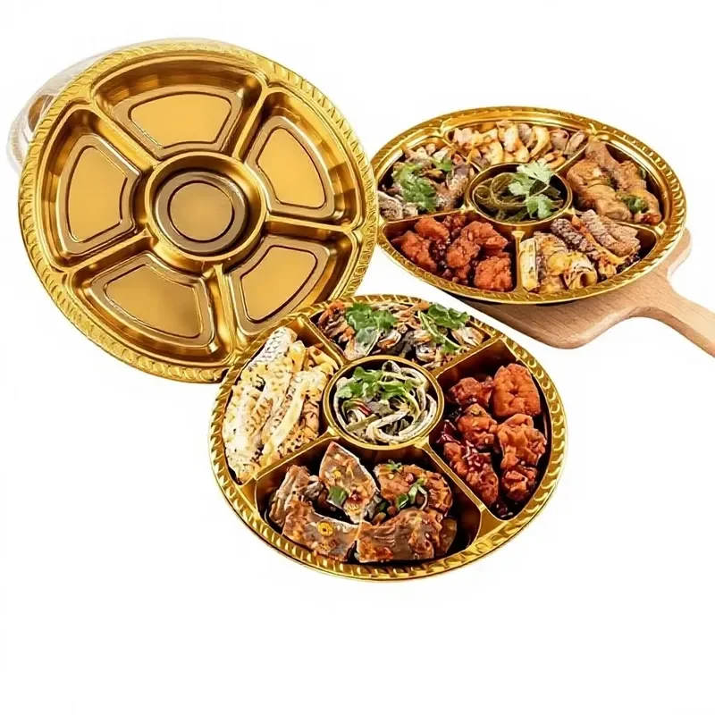 Golden five-grid disposable plastic food packaging tray, divided plate, suitable for cold dishes and cooked food