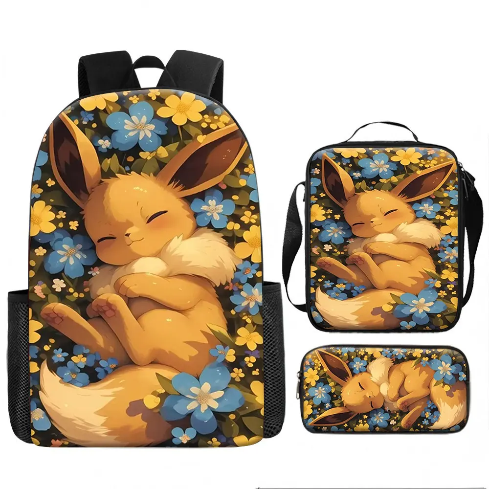 Kindertasche Eevee Floral 3-teiliges Rucksack-Set mit Anime-Print, atmungsaktive Schultasche für Kinder, Teenager, Mädchen, Jungen