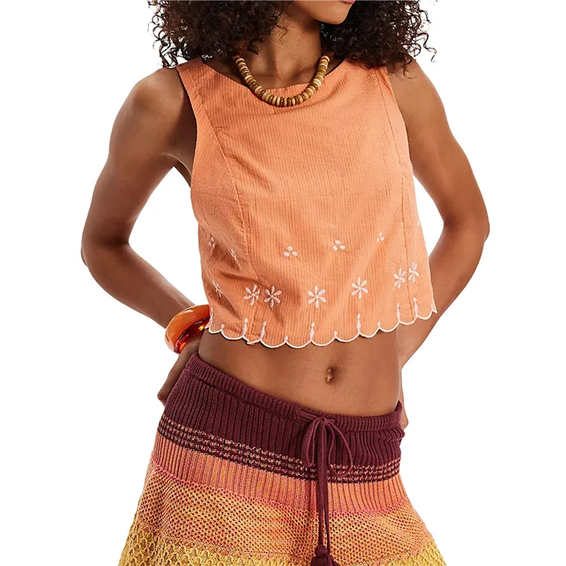 AOAO – Blusa feminina com gola redonda, sem mangas, ondulada, cores contrastantes, bainha, bordado