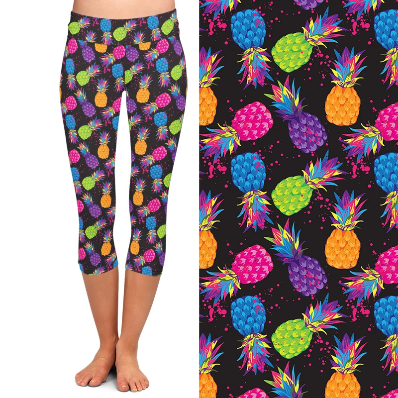 LETSFIND estate nuove donne Sexy Capri Leggings 3D colorato ananas stampa digitale a vita alta Fitness Stretch pantaloni a metà polpaccio 3/4