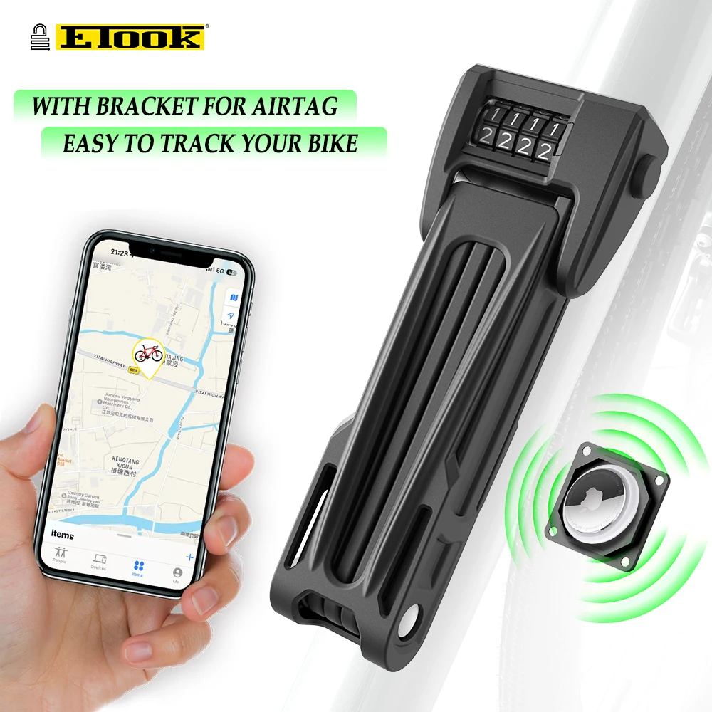 ETOOK Bike Lock Anti-Theft Anti Theft Combination Lock with AirTag Bracket 90mm Extended MTB Road Cycling Bicycle Foldable Lock