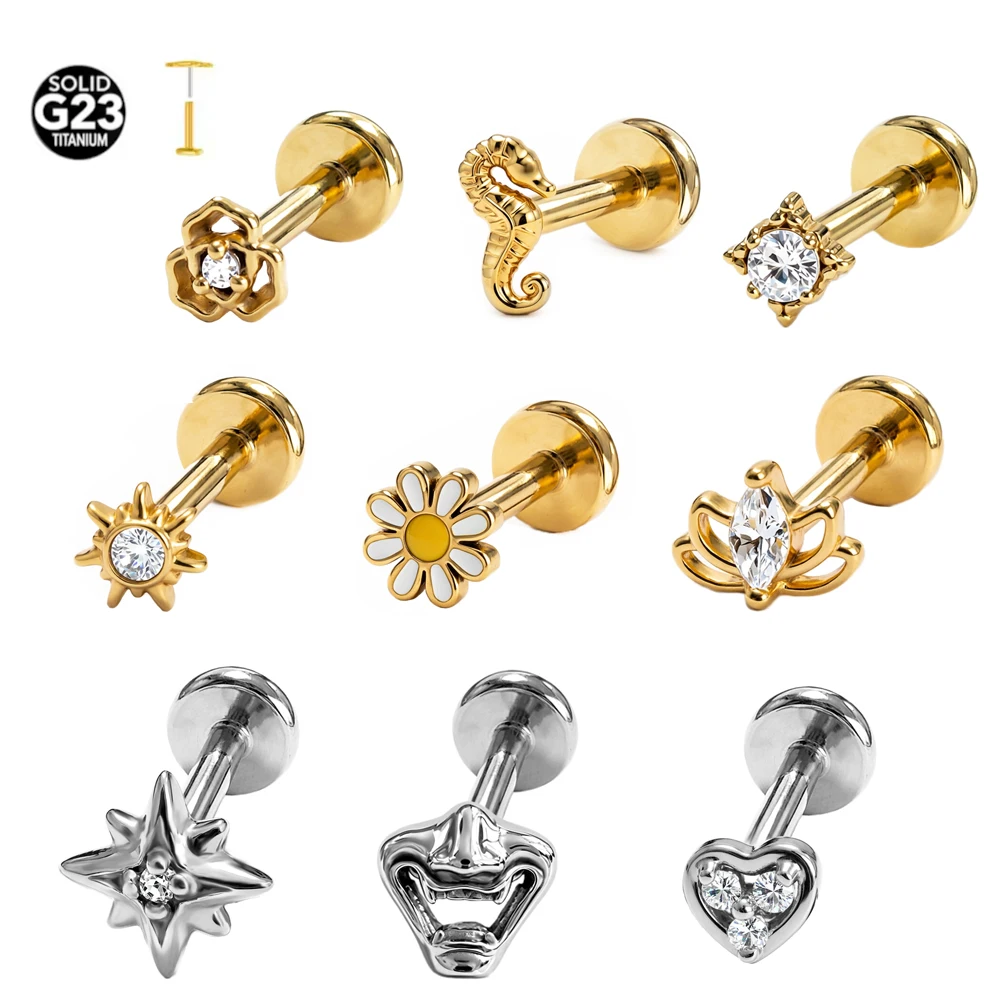 1PC G23 Titanium Little Seahorse Flat Back Piercing Earrings Mouth Push In Flower Labret Stud Tragus Cartilage Body Jewelry