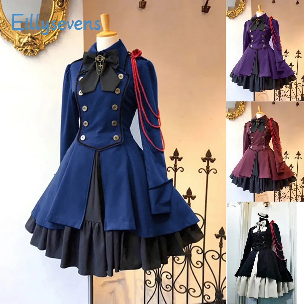 Women Uniform Dress Medieval Retro Court Princess Elegant Square Collar Patchwork Ball Gown Halloween Gothic Cosplay Costume