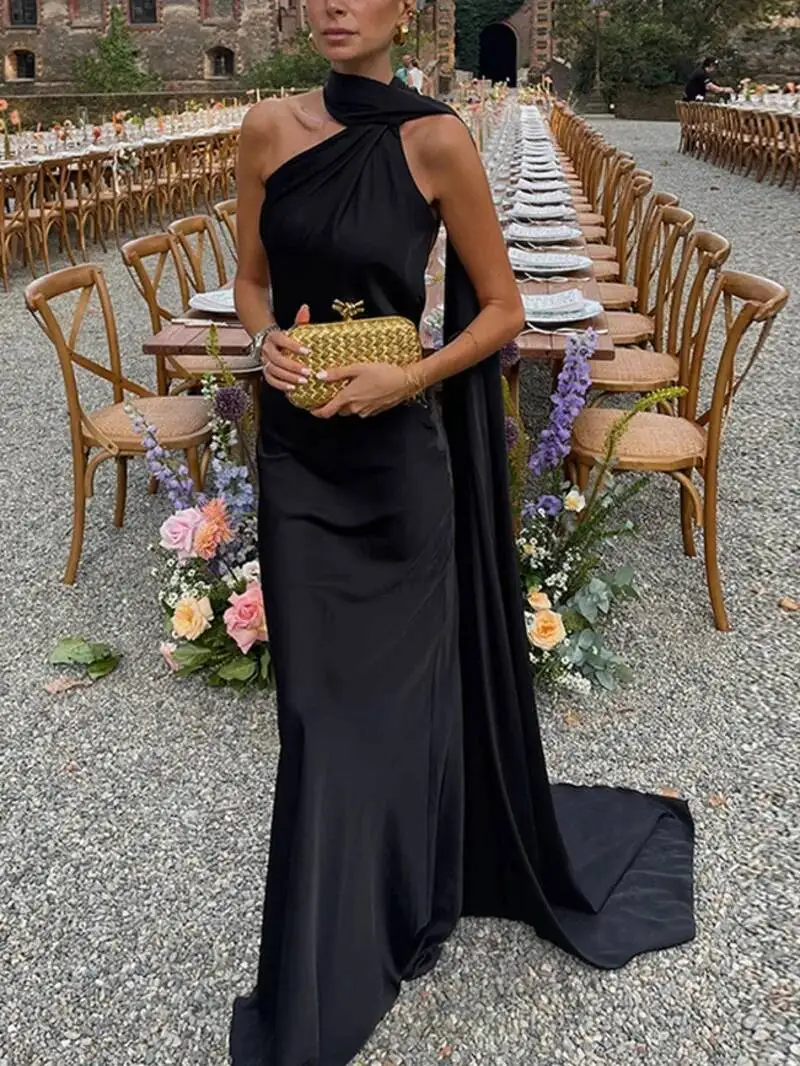 Abito da festa lungo in raso con nastro elegante Abito da donna senza maniche senza schienale solido Abiti da sera chic da donna primavera estate MZ4Q